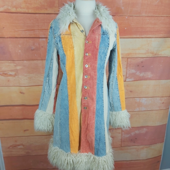 Aldo Jackets & Blazers - Muticolored corduroy, denim, faux fur long coat hippie Woodstock bohemian boho
